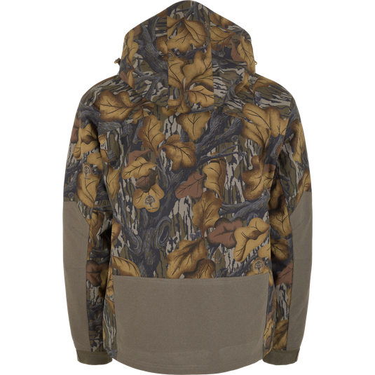 Back view of a Drake X Ducks Unlimited LST BMF 3-in-1 Pit Jacket with Primaloft, featuring a hooded camouflage design with a solid olive-green panel on the lower back and forearms.