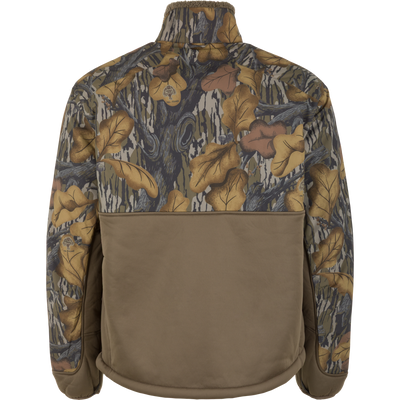 Back view of a Waterfowl Drake X Ducks Unlimited LST BMF 3-in-1 Pit Jacket with Primaloft, featuring a camouflage leaf-pattern top and a solid brown lower section.