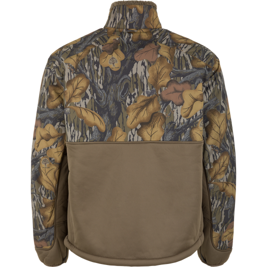 Back view of a Waterfowl Drake X Ducks Unlimited LST BMF 3-in-1 Pit Jacket with Primaloft, featuring a camouflage leaf-pattern top and a solid brown lower section.