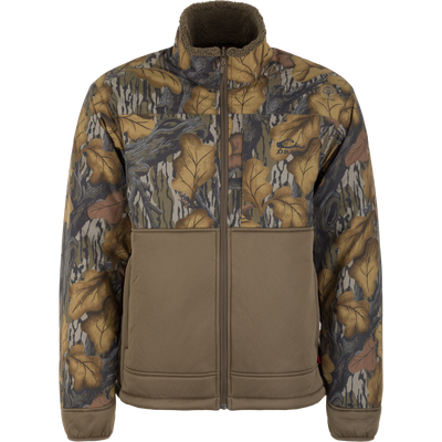 Drake X Ducks Unlimited LST BMF 3-in-1 Pit Jacket with Primaloft, a full-zip 3-in-1 jacket featuring a camouflage pattern on the upper chest and sleeves with a solid olive green lower section.