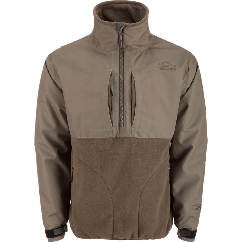 MST CommandXT Eqwader Half Zip Jacket with olive/khaki upper, brown fleece lower, quarter-zip, chest pockets, hand-warmer pockets, and adjustable cuffs, designed for weather protection and durability.