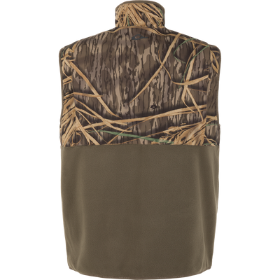The CommandXT Eqwader Vest by Waterfowl is a sleeveless, abrasion-resistant vest with a camo upper half and solid olive green fleece lower half, shown from the back on a white background.