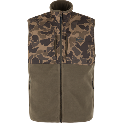 A sleeveless zip-front vest with a brown and tan camouflage pattern on the upper chest and shoulders, and an olive green lower body, shown on a plain white background.