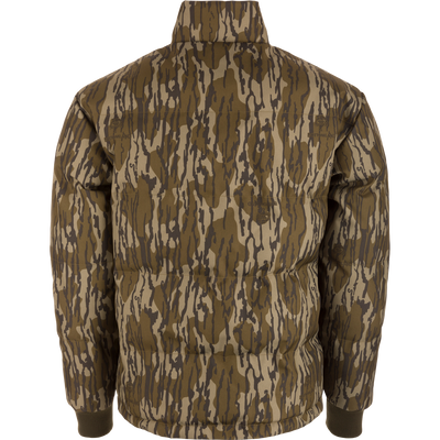 Throwback 80 Featherless Puffer Jacket, showcasing its back view with a quilted camouflage pattern, stand-up collar, and ribbed cuffs, ideal for outdoor adventures.