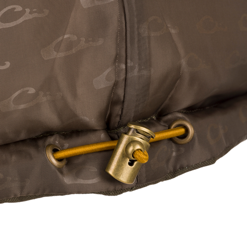 Close-up of the Throwback 80 Featherless Puffer Jacket's yellow draw-cord with brass toggle, highlighting durable construction and antique brass hardware for outdoor enthusiasts.