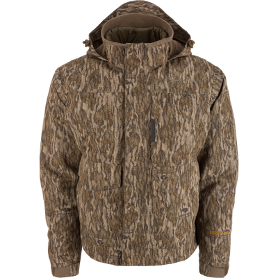 Men’s hooded hunting jacket, Drake Waterfowl LST Hardline 3-in-1, featuring Mossy Oak camouflage, multiple pockets, storm flap, adjustable cuffs, and insulated lining for adaptable weather protection.