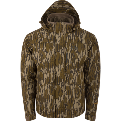 LST Hardline 3-in-1 Jacket with tree stripe camouflage, featuring a hood, adjustable cuffs, multiple pockets, and a versatile 3-layer waterproof shell for hunting.