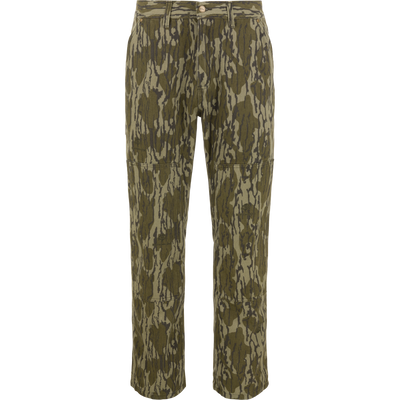 The Waterfowl Throwback 80 Field Pant in Mossy Oak Original Bottomland features straight-leg camo, heavyweight cotton twill, button and zip fly, belt loops, and knee seams for a durable workwear look.