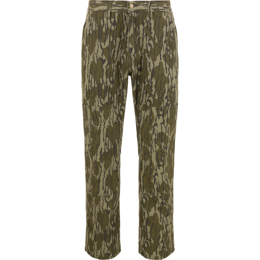 The Waterfowl Throwback 80 Field Pant in Mossy Oak Original Bottomland features straight-leg camo, heavyweight cotton twill, button and zip fly, belt loops, and knee seams for a durable workwear look.