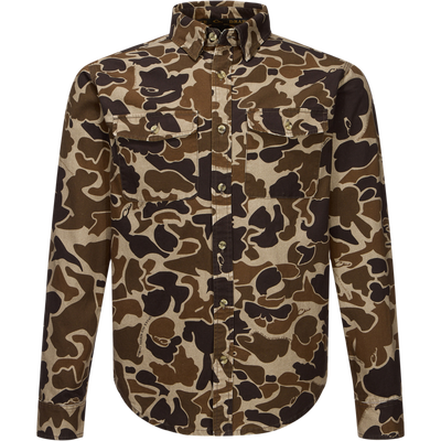 Throwback 80 Button Down Shirt with brown-tan camo print, durable 100% cotton twill, features reinforced elbows, double side print, and flap pockets.