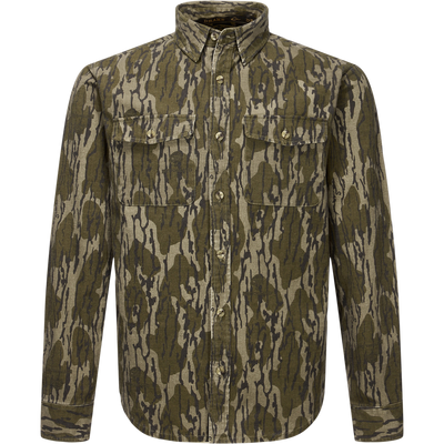 Throwback 80 Button Down Shirt with camouflage print, two chest flap pockets, and reinforced forearms, crafted from durable 8.3oz cotton twill, ideal for rugged outdoor wear.