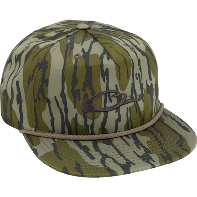 Drake X Richardson 256XE Flatbill Cap in tiger-stripe camouflage, featuring embroidered C logo, braided bill rope, and adjustable snapback for a comfortable fit.