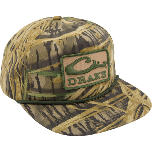 Drake X Lost Goat Rope Cap with camouflage pattern, embroidered DRAKE patch, snap-back closure, and paracord detail above the brim, ideal for outdoor style.