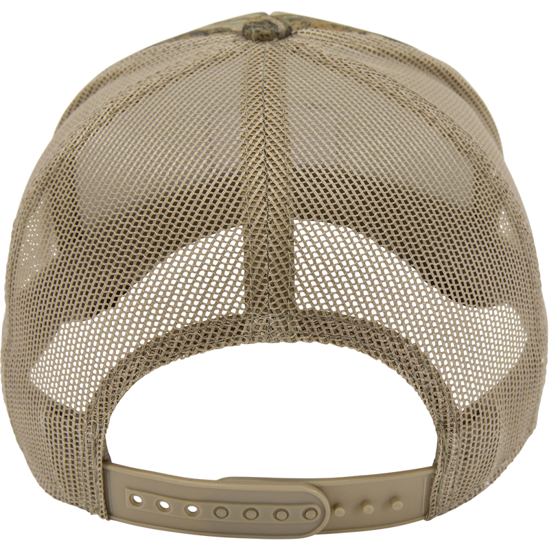Foam Trucker Logo Cap featuring a tan mesh back and plastic snap-back strap, highlighting its breathable, high-profile design with a pre-curved visor.