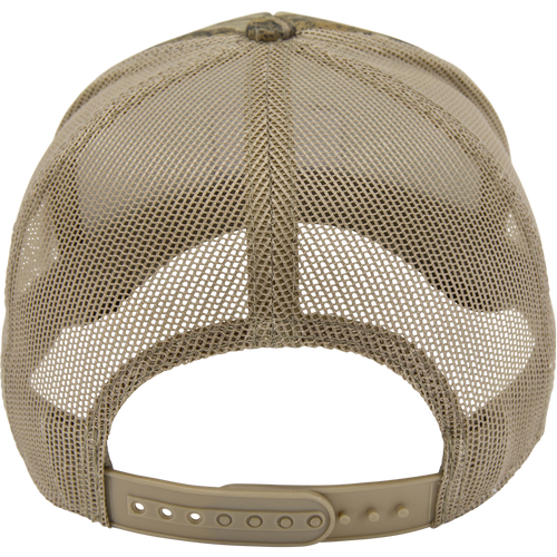 Foam Trucker Logo Cap featuring a tan mesh back and plastic snap-back strap, highlighting its breathable, high-profile design with a pre-curved visor.