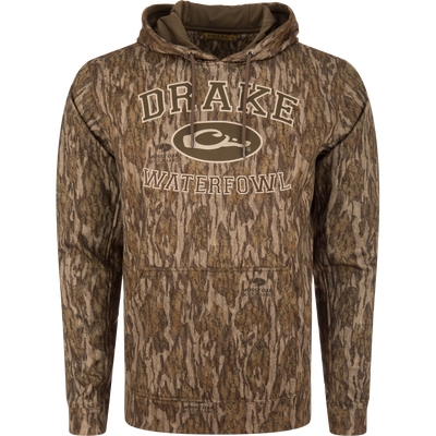 MST Performance Logo Fleece-Lined Camo Hoodie featuring an adjustable drawstring, kangaroo pocket, and a tan Drake Waterfowl logo printed on the chest.