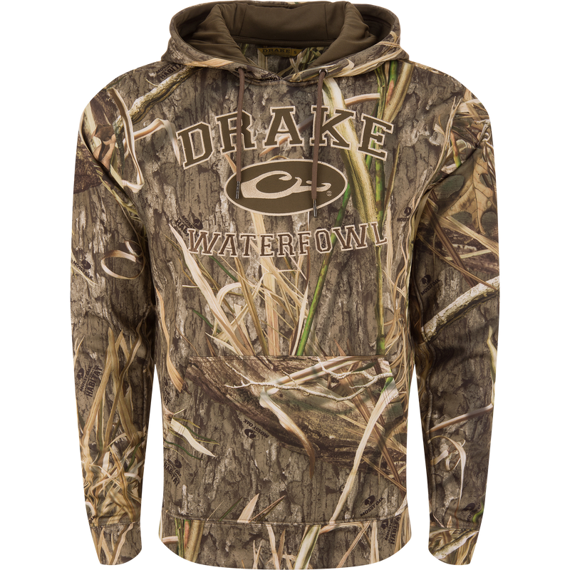 Performance Hoodie with anti-pilling shell, lined hood, adjustable drawstring, kangaroo pocket, designed for comfort and durability, ideal for outdoor activities and layering.