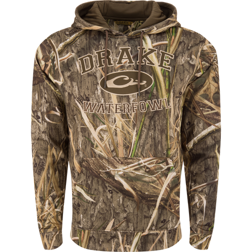 Performance Hoodie with anti-pilling shell, lined hood, adjustable drawstring, kangaroo pocket, designed for comfort and durability, ideal for outdoor activities and layering.