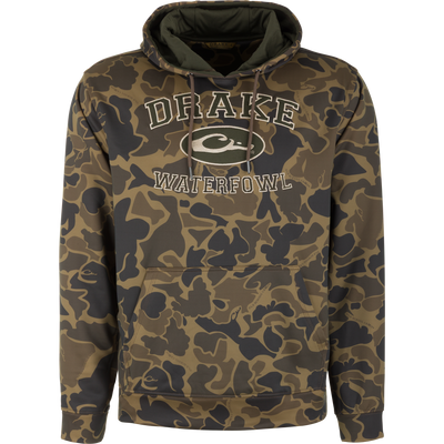 The MST Performance Logo Fleece-Lined Camo Hoodie by Waterfowl features an Old School Sport camo pattern, front pocket, drawstrings, and duck logo. Made of polyester spandex fleece for comfort and performance.