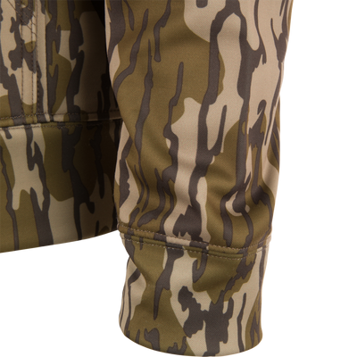 Close-up of the Performance 8-Shot Hoodie sleeve, showcasing camouflage pattern, durable stitching, and cuff, highlighting its stretch and anti-pilling fleece design.