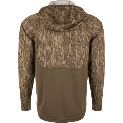 The Waterfowl EST Performance Half-Zip Hoodie features a camo pattern on the upper half and sleeves, with solid olive green on the lower half and hood, plus a hooded, water-resistant design.