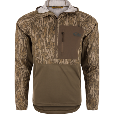 The EST Performance Half-Zip Hoodie by Waterfowl features Mossy Oak Bottomland camo, a chest pocket, water-resistant fabric, and durable construction—ideal for hunting or hiking outdoors.