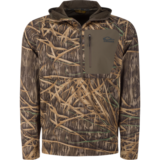 Grid Fleece Half Zip Hoodie with camo pattern, zippered chest pocket, and kangaroo pouch, designed for hunting with moisture-wicking grid fleece for comfort and mobility.