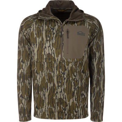 Grid Fleece Half Zip Hoodie with camo pattern, featuring a stand-up collar, zippered chest pocket, and soft grid-fleece lining for comfort and moisture management.