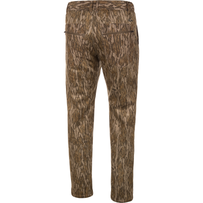 Back view of the BMF Ultimate Wader Pants in brown camo by Waterfowl, with two rear pockets, straight leg design, and warm Sherpa fleece lining, shown on a plain white background.