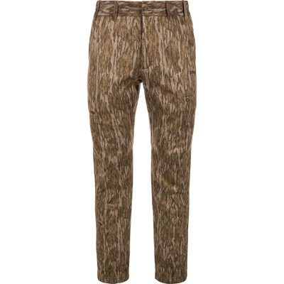 Waterfowl BMF Ultimate Wader Pants in brown camo, shown front-facing on a white background with button-zip closure, belt loops, front pockets, and warm Sherpa fleece lining.