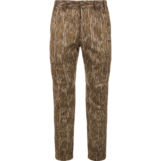 Waterfowl BMF Ultimate Wader Pants in brown camo, shown front-facing on a white background with button-zip closure, belt loops, front pockets, and warm Sherpa fleece lining.