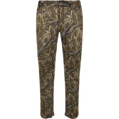 The BMF Ultimate Wader Pants by Waterfowl feature a camo tree branch pattern in brown, green, and gray with a warm sherpa fleece lining, shown front-facing on a white background.