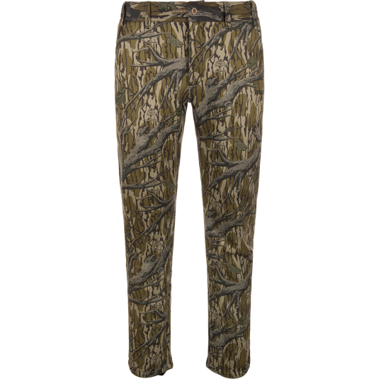 The BMF Ultimate Wader Pants by Waterfowl feature a camo tree branch pattern in brown, green, and gray with a warm sherpa fleece lining, shown front-facing on a white background.