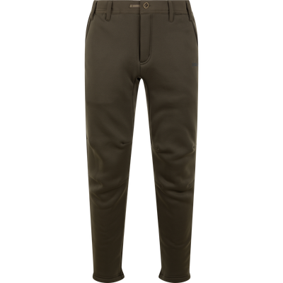Waterfowl BMF Ultimate Wader Pants in dark green with belt loops, button and zip closure, front pockets, subtle stitching, and cozy Sherpa fleece lining, shown on a plain white background.