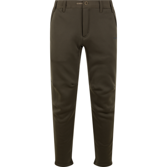 Waterfowl BMF Ultimate Wader Pants in dark green with belt loops, button and zip closure, front pockets, subtle stitching, and cozy Sherpa fleece lining, shown on a plain white background.