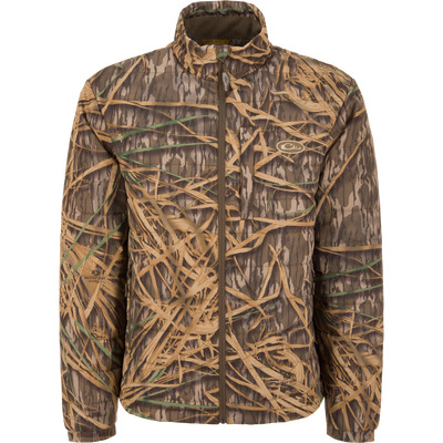 The MST Synthetic Down Pack Jacket by Waterfowl, in Mossy Oak Original Shadow Grass, is a camouflage packable jacket with a front zipper—perfect for insulated layering and shown on a white background.