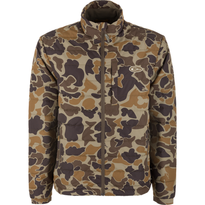 The Waterfowl MST Synthetic Down Pack Jacket in Old School Sport features a high collar, front zipper, and zippered chest pocket, shown on a white background.