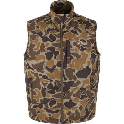 The MST Synthetic Down Pack Vest by Waterfowl features an ultralight, sleeveless design in Old School Sport camo with a front zipper, two side pockets, and one chest pocket, shown on a white background.