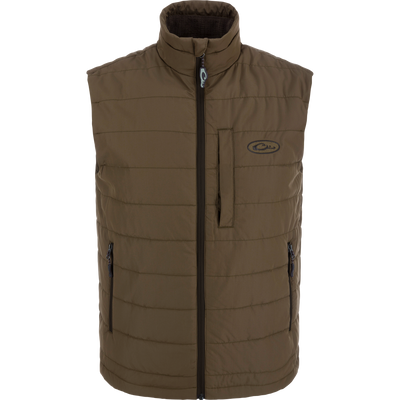 Olive-brown MST Synthetic Down Pack Vest with zipper front, stand-up collar, and multiple pockets; features packable design and adjustable waist for versatile outdoor use.