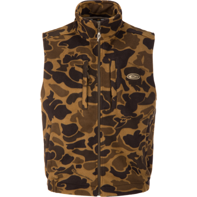 The MST Windproof Layering Vest by Lifestyle features a brown/black camo pattern, high collar, two chest pockets, front zipper, oval left chest logo, and water-resistant fleece for added protection.