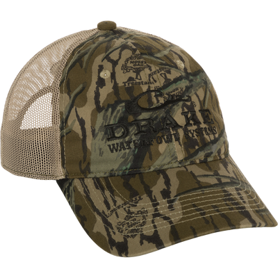 A lightweight Mesh Back Camo Cap with breathable cotton and mesh construction. Features semi-structured mesh-back panels, adjustable fit with hook and loop closure. Perfect for outdoor trips.
