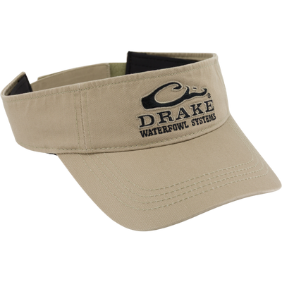 The Drake Logo Visor by Waterfowl comes in tan with a black embroidered logo and duck emblem on the front, plus a velcro back closure for adjustable fit.