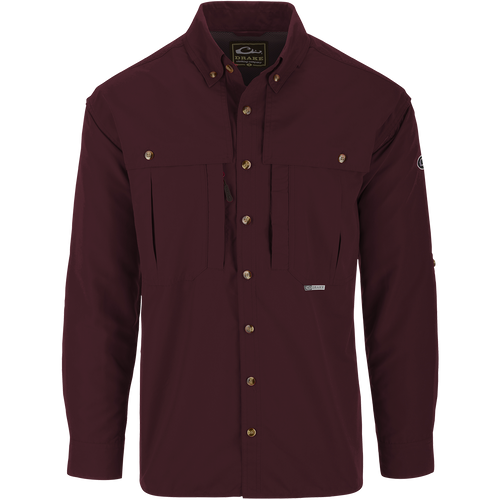 Solid Wingshooter's Shirt L/S with long sleeves, buttons, front and back ventilation, oversized chest pockets, and a sun blocker extension collar.