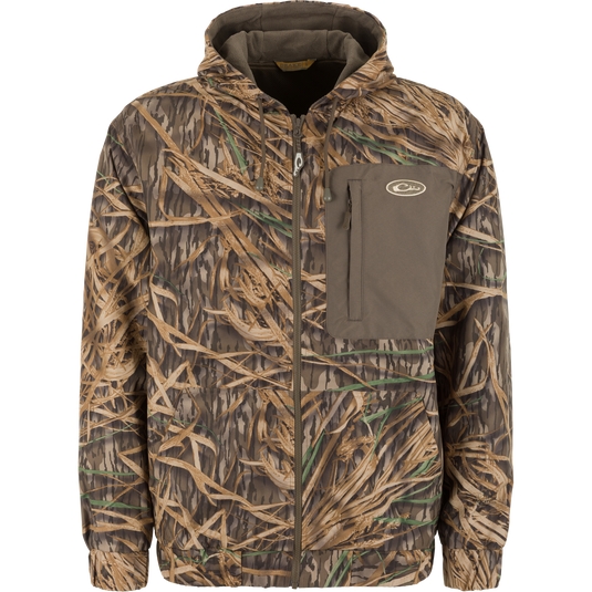 MST Waterproof Full Zip Jacket w/ Hood in an insulated camo-print design featuring a hooded zip-up style and a solid brown chest pocket.