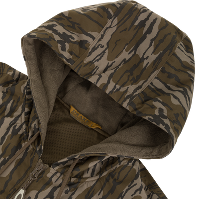 MST Waterproof Full Zip Jacket w/ Hood in a brown and green camouflage pattern, featuring a fleece-lined interior and a waterproof design.
