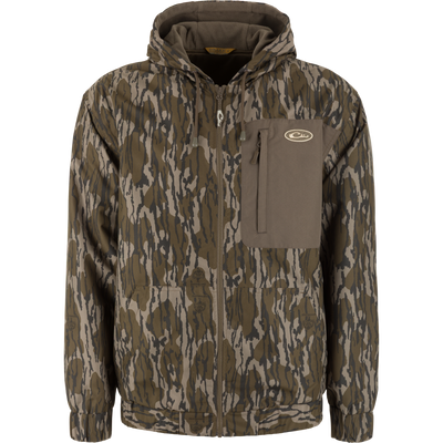 MST Waterproof Full Zip Jacket w/ Hood in a brown and green camouflage pattern with a solid brown chest pocket.