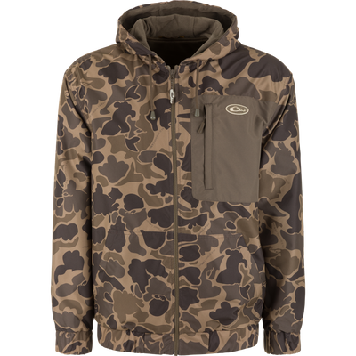 Sale MST Waterproof Full Zip Jacket w/ Hood in camo-print with a full-zip front and a solid brown vertical chest pocket.