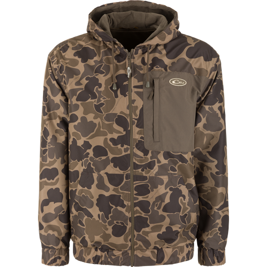 Sale MST Waterproof Full Zip Jacket w/ Hood in camo-print with a full-zip front and a solid brown vertical chest pocket.