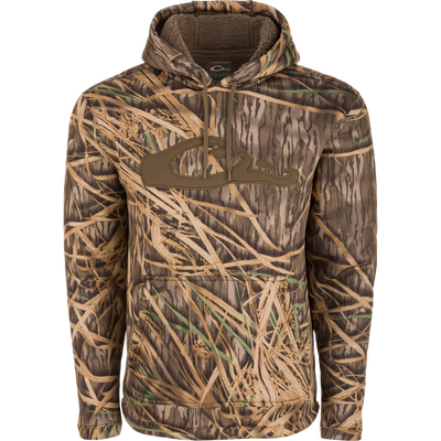 The LST Silencer Fleece-Lined Hoodie by Waterfowl features Mossy Oak Original Shadow Grass camo, a front pocket, chest logo, and fleece lining for excellent warmth—perfect for hunting or outdoor activities.