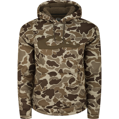 The Waterfowl LST Silencer Fleece-Lined Hoodie in Old School Timber features a large front pocket, stylized chest logo, and is designed for warmth, shown against a plain white background.